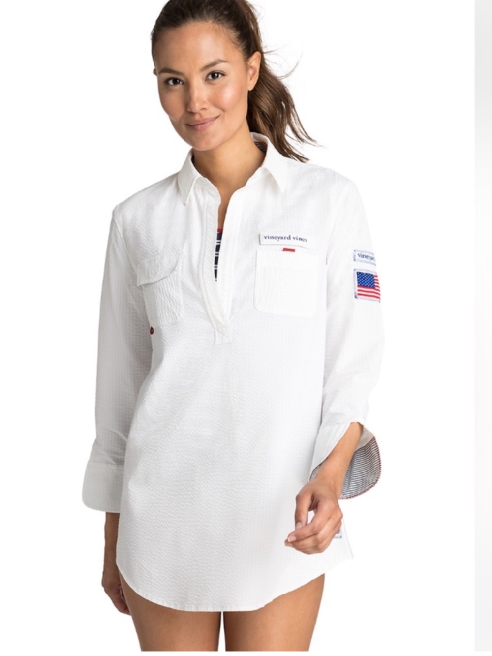 Vineyard Vines Performance Harbor Shirt Coverup w/ American Flag Sleeve Size 2